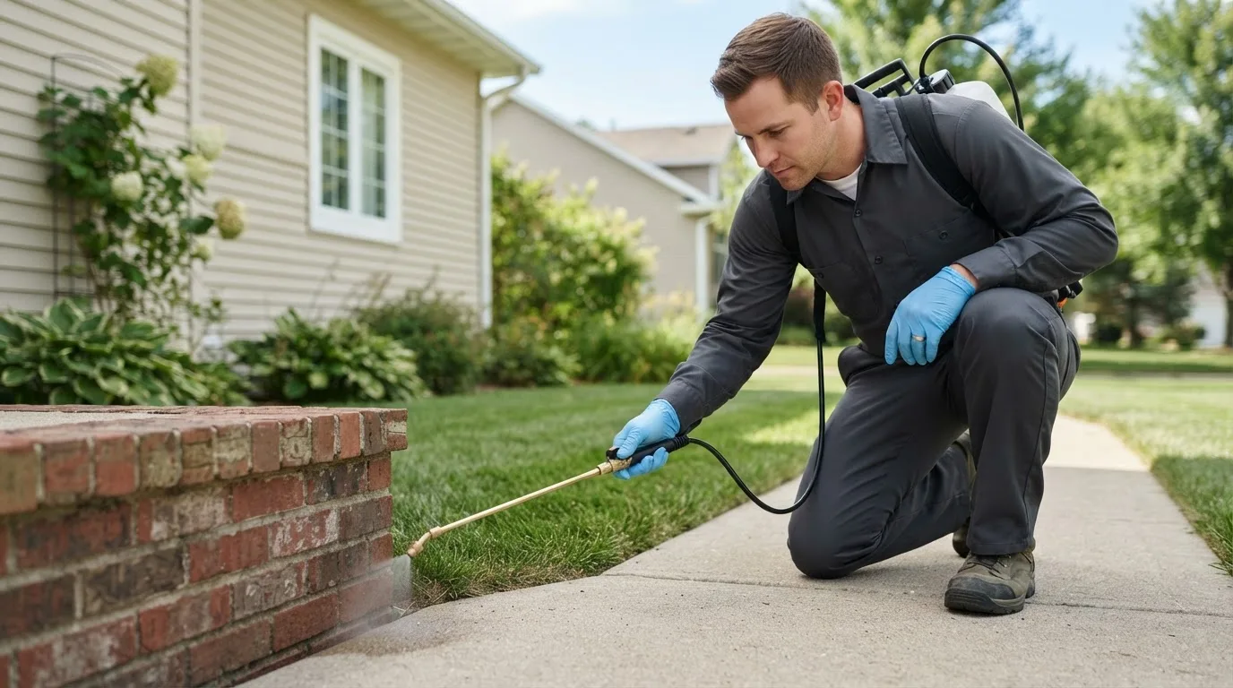 Pest control technician treating a home near Island Pond, VT